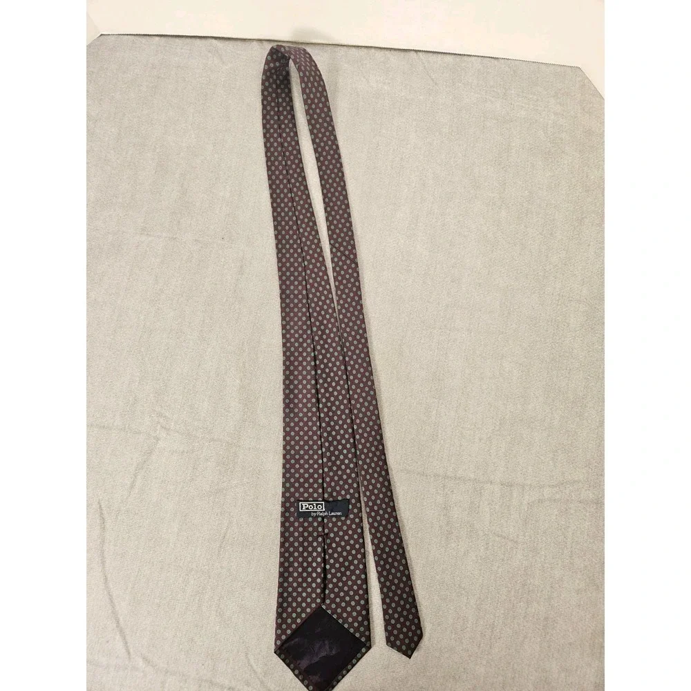 Polo Ralph Lauren Tie Silk Burgundy Green Polka Dot Made in USA Handmade Necktie